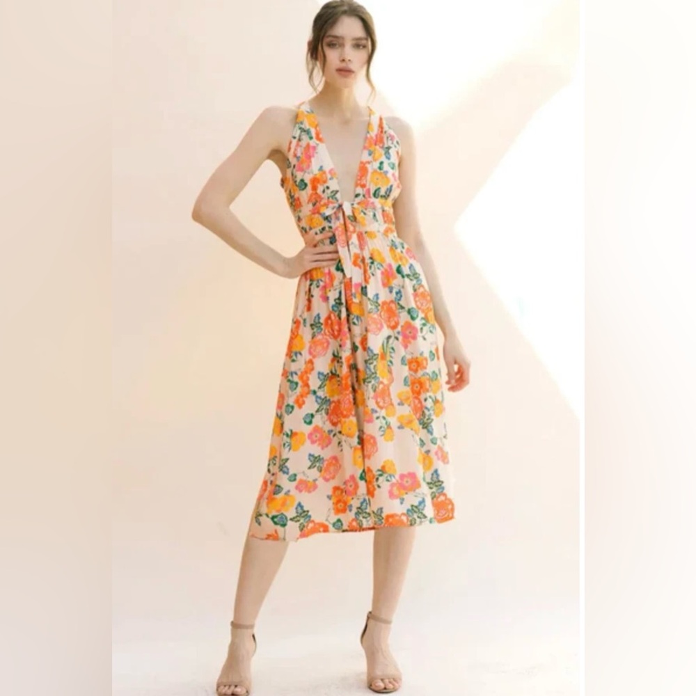 STORIA Spring Floral Midi Dress Size L Sleeveless Low V-Neck Lined Creamsicle